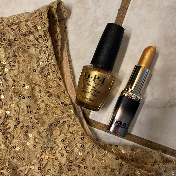 Charlotte Russ Gold sequin party dress. Gold lipstick. Gold nail Polish - Picture 9 of 9